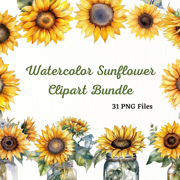 Watercolor Sunflower Clip art Bundle, Watercolor Clipart, Floral Clipart, Watercolor Flowers, PNG, SVG files, Summer Clipart, Flower clipart