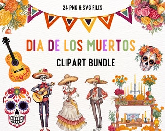 Op de afbeelding: Een digitale clipartbundel met illustraties van Dia de los Muertos, of Dag van de Doden. De illustraties omvatten skeletten die muziek spelen, suiker schedels, goudsbloemen en een traditioneel altaar. De tekst "DIA DE LOS MUERTOS CLIPART BUNDLE" wordt bovenaan de afbeelding weergegeven.