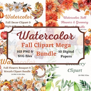 Watercolor Fall Mega Clipart Bundle, Fall Digital Paper, Watercolor Fall Decor Clipart & Digital Paper Bundle, Watercolor Fall, Fall clipart