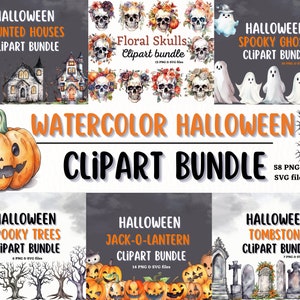 Halloween Clipart Bundle, Watercolor Clipart, Halloween Clipart, Watercolor Halloween, PNG & SVG Files, Spooky Clipart, Watercolor Spooky