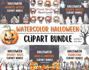 Halloween Clipart Bundle, Watercolor Clipart, Halloween Clipart, Watercolor Halloween, PNG & SVG Files, Spooky Clipart, Watercolor Spooky