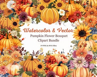 Aquarel pompoen boeket clipart, herfst bloemen PNG SVG (digitale download)