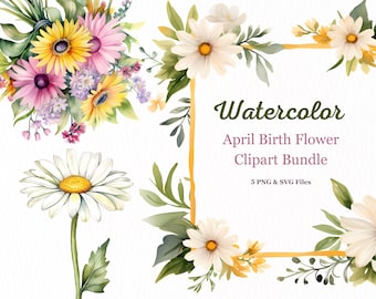 April Birth Flower Clipart Bundle, Daisy Bouquet, Watercolor Daisy  Floral Frame, Watercolor Floral Wreath, April Wreath, April Flower