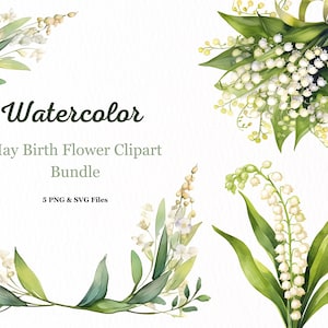 Bundle de cliparts fleurs de naissance de mai, bouquet de muguet, cadre de muguet, couronne de fleurs aquarelle, couronne de mai, fleurs de mai