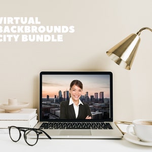 May include: A laptop computer screen shows a woman smiling with a city skyline behind her. The text "VIRTUAL BACKGROUNDS CITY BUNDLE" is at the top of the image.