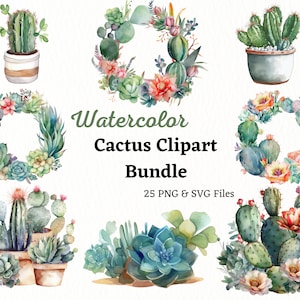 Pacote de clipart de cacto aquarela, clipart aquarela, clipart de cactos, clipart de cacto aquarela, arquivos SVG e PNG, clipart de cacto, digital