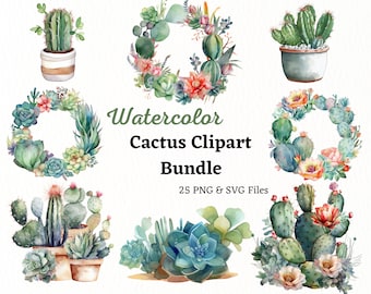 Aquarell Kaktus Clipart Bundle, Wüste PNG SVG-Dateien (digitaler Download)