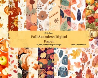 Watercolor Fall Digital Paper, Autumn Seamless Patterns (JPEG, PNG)