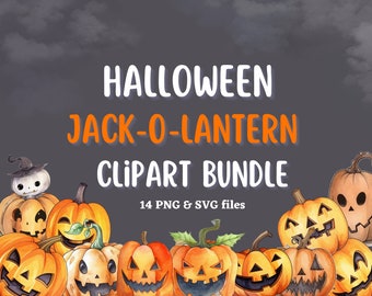 Watercolor Jack O Lantern Clipart, Halloween Pumpkin PNG SVG (Digital Download)