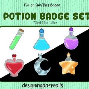 Puede incluir: Conjunto de seis insignias Twitch Sub/Bits con diferentes frascos de poción en varios colores y formas, incluyendo un corazón, una luna creciente y una estrella. El texto "POTION BADGE SET" está en la parte superior de la imagen.