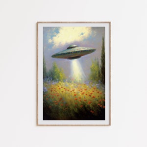 Puede incluir: Una pintura de un platillo volante flotando sobre un campo de flores rojas. El platillo está emitiendo un rayo de luz hacia el suelo. El cielo es azul con nubes blancas.