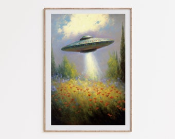 UFO art download, retro sci-fi print, conspiracy poster, vintage UFO art, surrealist space art, alien wall art, digital download