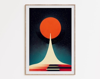 Orange abstraktes Space Art, Vintage Sci-Fi Kunst, Retro Science Fiction, himmlisches Poster, Retro-Futurismus Drucke, surrealistische druckbare Kunst