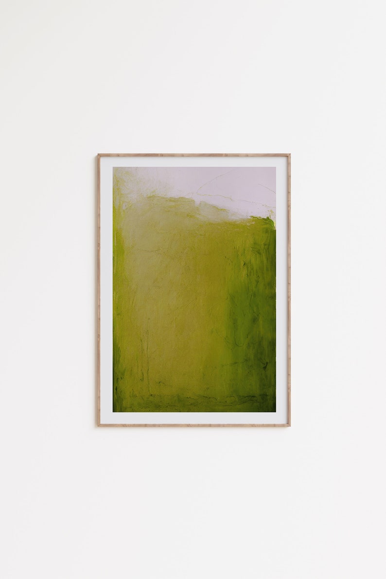 May include: A framed abstract painting with a green and yellow color scheme. The painting has a textured, brushstroke effect.