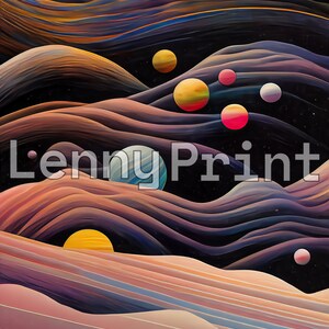 May include: Abstract digital art print featuring a dark blue, purple and pink landscape with a starry sky. The landscape is made up of swirling, wavy lines and there are several colourful planets scattered across the sky.