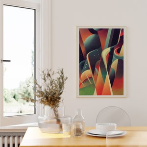 May include: A framed abstract art print with geometric shapes in shades of orange, red, yellow, green, and blue. The print is set against a white wall above a wooden table with a vase of greenery, a glass bottle, and a white bowl.