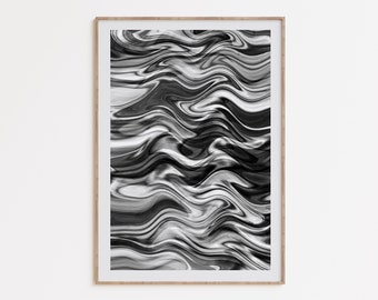 Black and White Trippy Art, monochrome retro print, psychedelic digital download, 70s wall decor, wavy black art, printable digital download