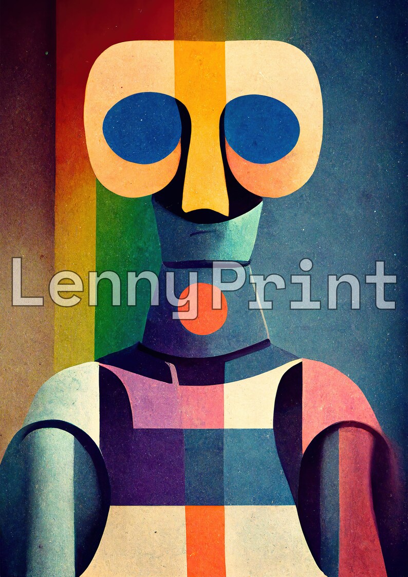 Puede incluir: Ilustraci&oacute;n geom&eacute;trica abstracta de un robot con una cara amarilla, naranja y azul. El robot lleva una camisa con un patr&oacute;n geom&eacute;trico colorido y tiene un c&iacute;rculo rojo en el cuello. El fondo es un arco&iacute;ris borroso.