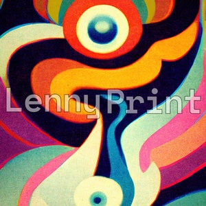 May include: Abstract painting with a colourful, swirling design. The painting features a central eye motif with concentric circles in shades of red, orange, yellow, and green. The background is a dark blue with hints of purple and pink.