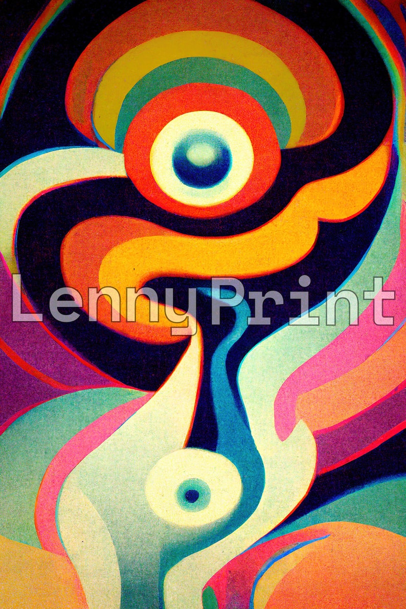 May include: Abstract painting with a colourful, swirling design. The painting features a central eye motif with concentric circles in shades of red, orange, yellow, and green. The background is a dark blue with hints of purple and pink.