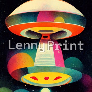 Puede incluir: Una ilustraci&oacute;n abstracta colorida de un platillo volante con un dise&ntilde;o amarillo, naranja y rojo. El platillo est&aacute; rodeado de planetas y estrellas coloridos. El texto "Lenny Print" es visible en el centro inferior de la imagen.