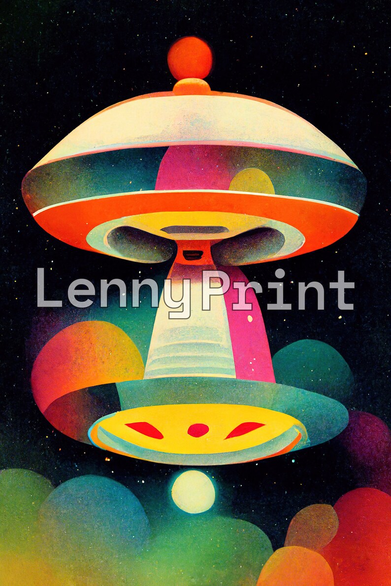 Puede incluir: Una ilustraci&oacute;n abstracta colorida de un platillo volante con un dise&ntilde;o amarillo, naranja y rojo. El platillo est&aacute; rodeado de planetas y estrellas coloridos. El texto "Lenny Print" es visible en el centro inferior de la imagen.