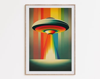 Retro UFO Art, sci-fi digital download, conspiracy theory art, vintage UFO poster, surrealist art,  retrofuturism wall art, colorful UFO
