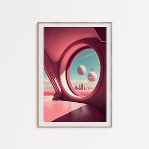 May include: A framed illustration of a pink futuristic interior with a large circular window looking out onto a pink and blue landscape with a city in the distance. There are three white orbs floating in the sky.