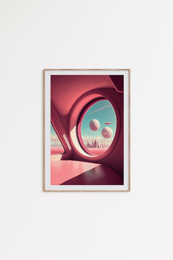 Pink Sci-Fi Art Printable , modern space print, retro sci-fi art, retro futurism poster, fantasy celestial art, digital download art