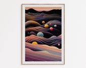 Retrofuturistic Abstract Space Art, colorful wall decor, vintage sci-fi prints, psychedelic artwork, surreal poster, celestial art download