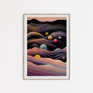 May include: A framed abstract art print with a dark background and colourful planets. The print features a landscape of layered, wavy lines in shades of purple, pink, and blue.