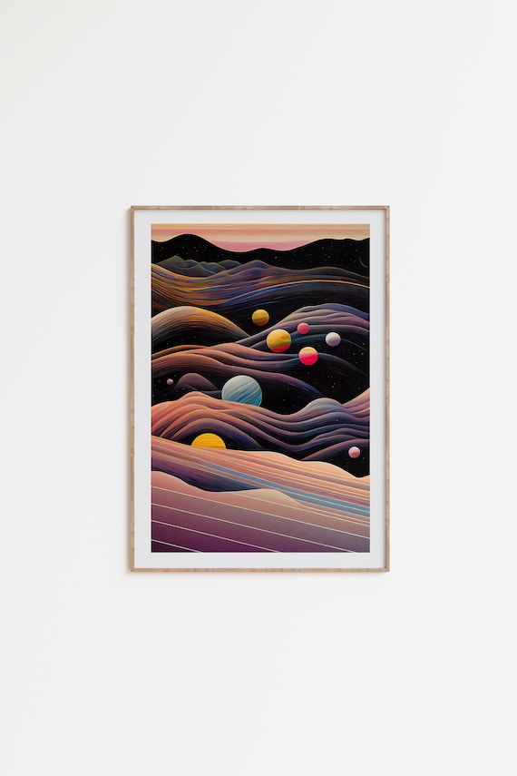 Retrofuturistic Abstract Space Art, colorful wall decor, vintage sci-fi prints, psychedelic artwork, surreal poster, celestial art download