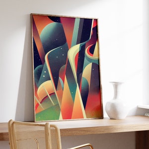 May include: Abstract art print in a wooden frame with a colorful design of geometric shapes and swirls in shades of red, orange, yellow, green, blue, and purple. The print has a starry night background.