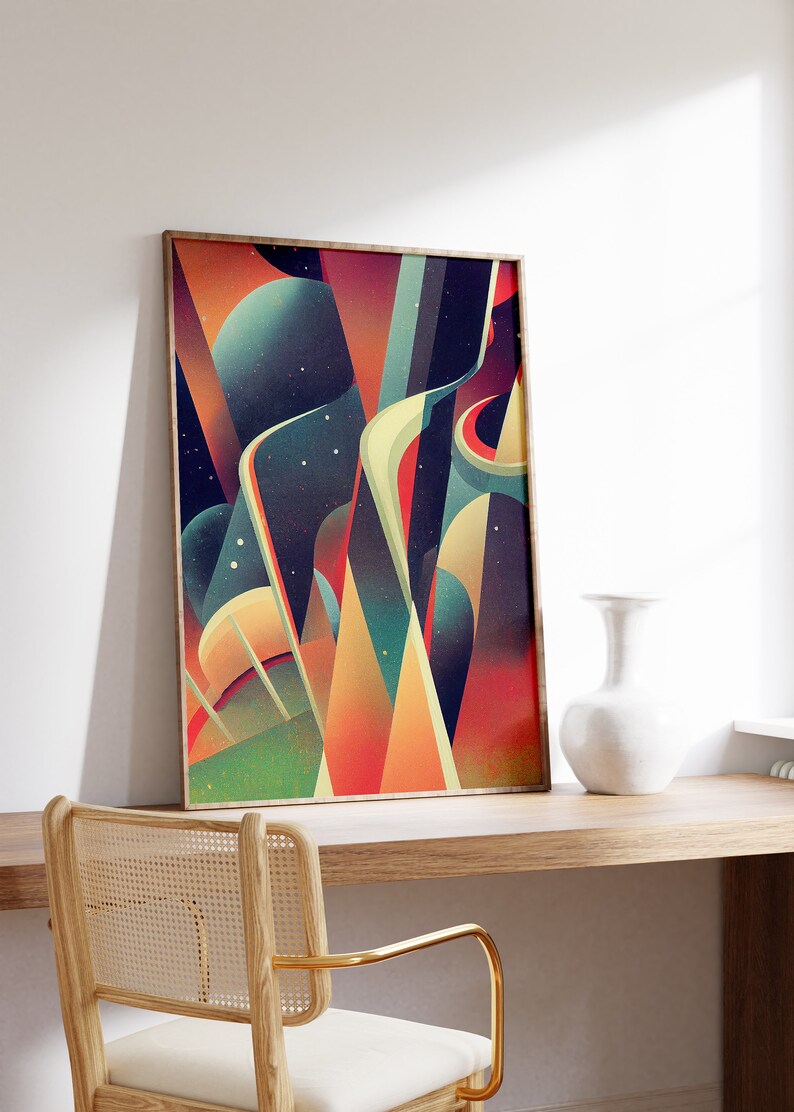 May include: Abstract art print in a wooden frame with a colorful design of geometric shapes and swirls in shades of red, orange, yellow, green, blue, and purple. The print has a starry night background.