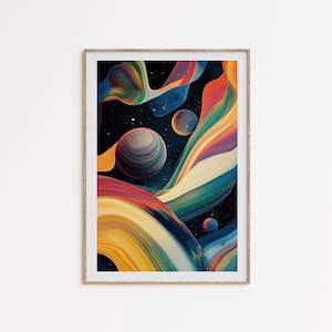 Trippy Cosmos Art Print, abstracte regenboogkunst aan de muur, psychedelische poster, surrealistische ruimtekunst, retrofuturisme ingelijste poster, retro sci-fi print