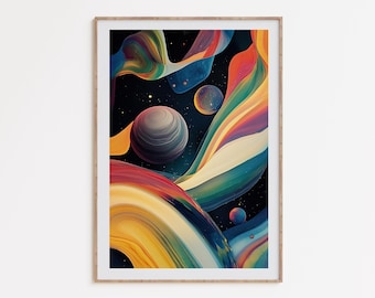 Trippy Cosmos Art Print, abstract rainbow wall art, psychedelic poster, surreal space art, retrofuturism framed poster, retro sci-fi print