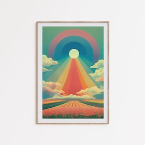 Retro Rainbow Art, Retro Futurism Poster, colorful wall decor, vintage sci-fi prints, colorful flower landscape, surreal art, printable art