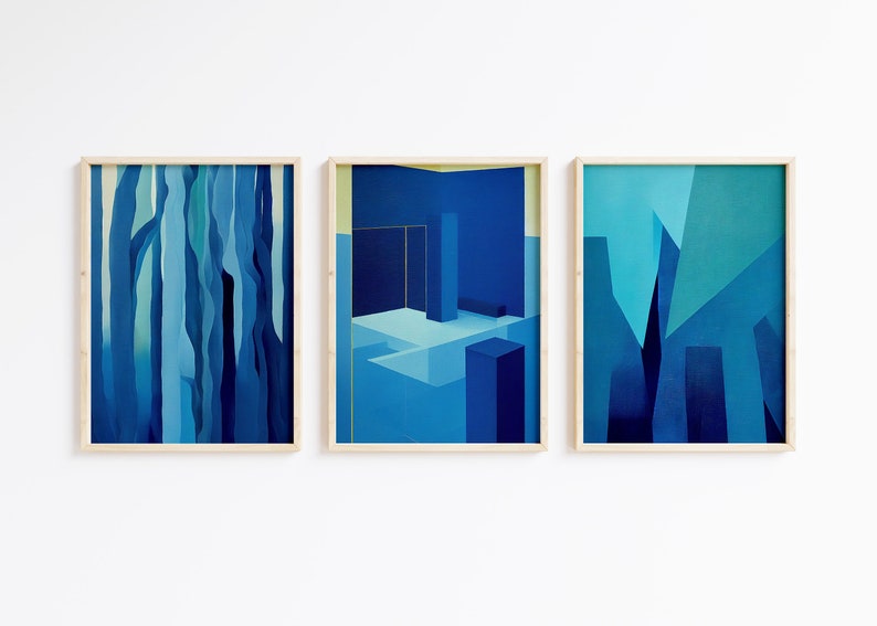 Blue Abstract Art Gallery Wall, Blue Art Set of 3, Abstract Triptych