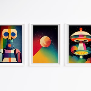 Puede incluir: Tres ilustraciones enmarcadas con un tema espacial. La primera ilustraci&oacute;n presenta un robot geom&eacute;trico colorido con ojos azules. La segunda ilustraci&oacute;n presenta un planeta rojo con un fondo degradado amarillo y verde. La tercera ilustraci&oacute;n presenta un platillo volante colorido con una luna blanca en el fondo.