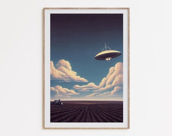 UFO Cornfield Art, plakat retrofuturyzmu, sztuka UFO w stylu vintage, sztuka science fiction z lat 70., sztuka retro obcych, surrealistyczny plakat UFO, cyfrowe pobieranie do druku