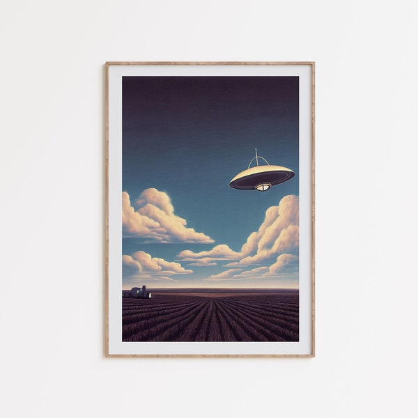 UFO Cornfield Art, retrofuturism poster, vintage UFO art, 70s sci-fi art, retro alien art, surreal ufo poster, digital download printable