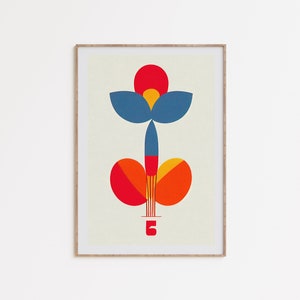 Arte floral retro, arte de pared de los años 70, diseño floral de mediados de siglo, cartel minimalista vintage, poder de las flores, impresión en color primario, arte imprimible