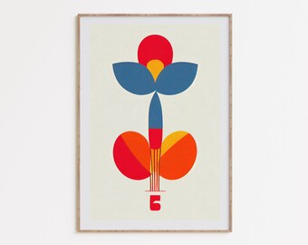 Retro Flower Art, 70s wall art, mid century floral design, vintage minimalist poster, flower power, primary color print, printable art