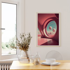 May include: A framed print of a futuristic cityscape viewed through a large circular window. The scene is rendered in a pink and blue color palette, with a sense of depth and perspective. The window is set within a larger, curved structure, suggesting an interior space.