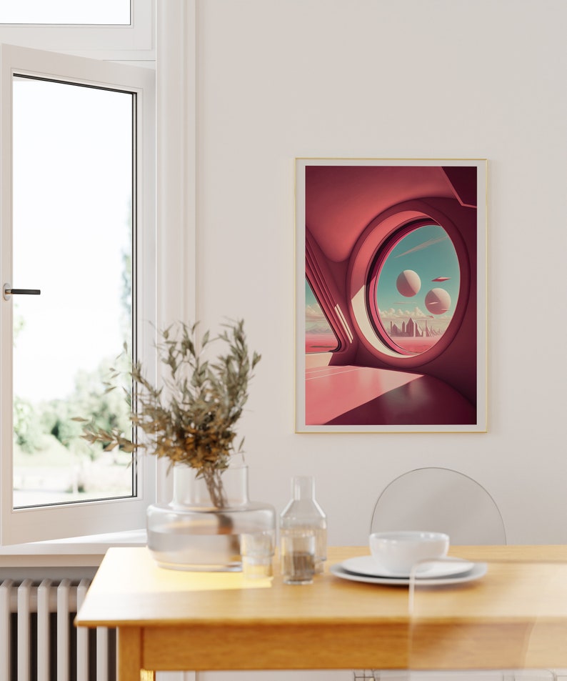 May include: A framed print of a futuristic cityscape viewed through a large circular window. The scene is rendered in a pink and blue color palette, with a sense of depth and perspective. The window is set within a larger, curved structure, suggesting an interior space.