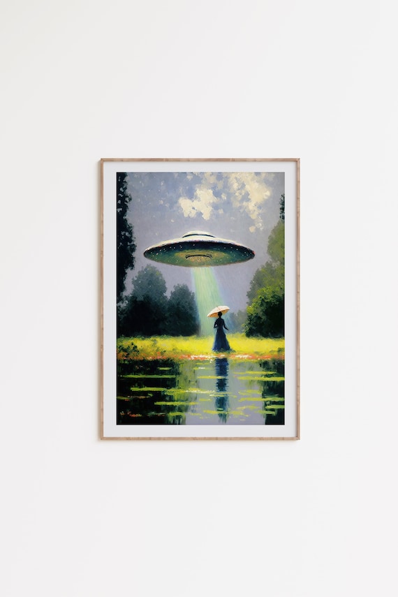 UFO Art, retro sci-fi print, conspiracy theory art, vintage UFO poster, surrealist art, weird impressionism, retrofuturism, digital download
