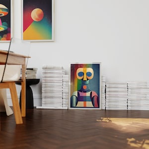 Puede incluir: Una impresi&oacute;n geom&eacute;trica abstracta colorida que representa un retrato en un marco dorado, con una pila de revistas a cada lado de la impresi&oacute;n.