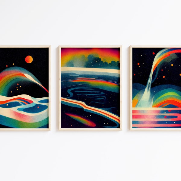 Colorful Sci-Fi Art Poster set of 3, space art triptych, vintage sci-fi art gallery wall, retro futurism print set, celestial printable art