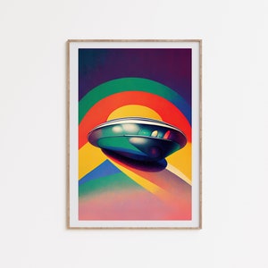 Cartel OVNI colorido retro / arte de ciencia ficción vintage / psicodélico arco iris / decoración de pared de los años 70 / regalos de astronomía / descarga digital instantánea