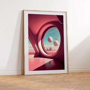 May include: A framed illustration of a pink futuristic interior with a large circular window looking out onto a city skyline and floating orbs in a blue sky.